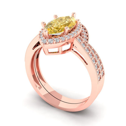 2.4875 cttw Marquise Cut Yellow Moissanite Bridal Set - Solid Rose Gold Engagement Ring & Wedding Band
