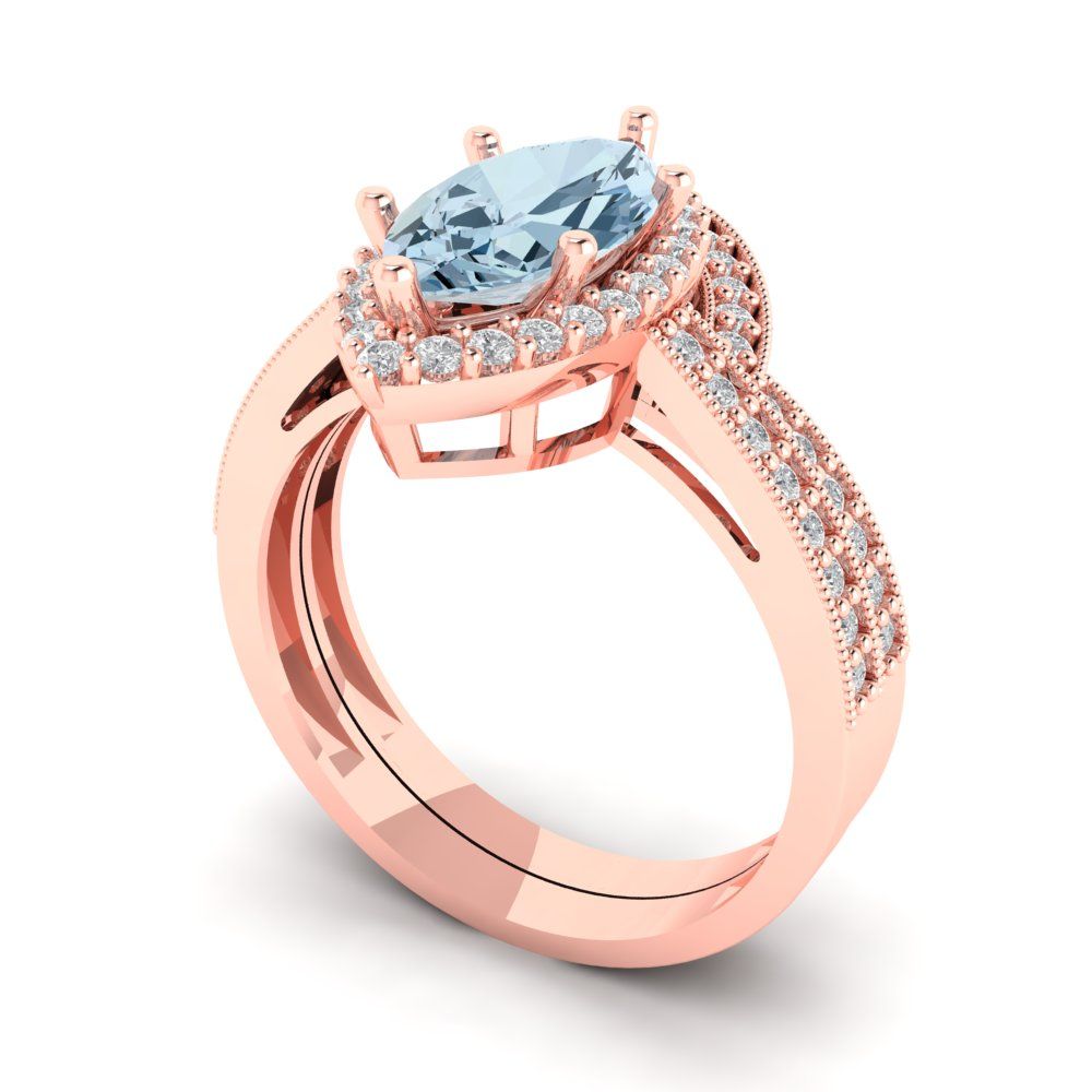 2.4875 cttw Marquise Cut Natural Swiss Blue Topaz Bridal Set - Solid Rose Gold Engagement Ring & Wedding Band