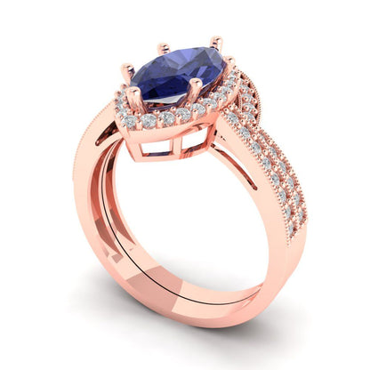 2.4875 cttw Marquise Cut Simulated Tanzanite Bridal Set - Solid Rose Gold Engagement Ring & Wedding Band