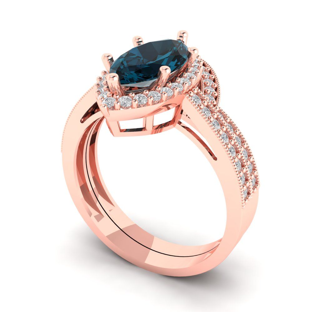 2.4875 cttw Marquise Cut Natural London Blue Topaz Bridal Set - Solid Rose Gold Engagement Ring & Wedding Band