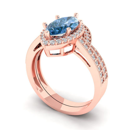 2.4875 cttw Marquise Cut Simulated Blue Diamond Bridal Set - Solid Rose Gold Engagement Ring & Wedding Band