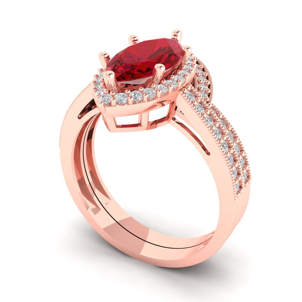 2.4875 cttw Marquise Cut Simulated Ruby Bridal Set - Solid Rose Gold Engagement Ring & Wedding Band