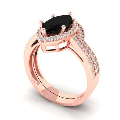 2.4875 cttw Marquise Cut Natural Onyx Bridal Set - Solid Rose Gold Engagement Ring & Wedding Band