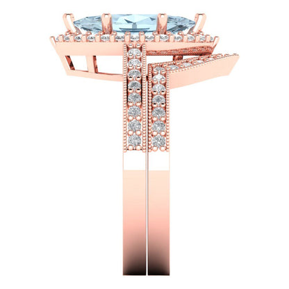 2.4875 cttw Marquise Cut Natural Aquamarine Bridal Set - Solid Rose Gold Engagement Ring & Wedding Band