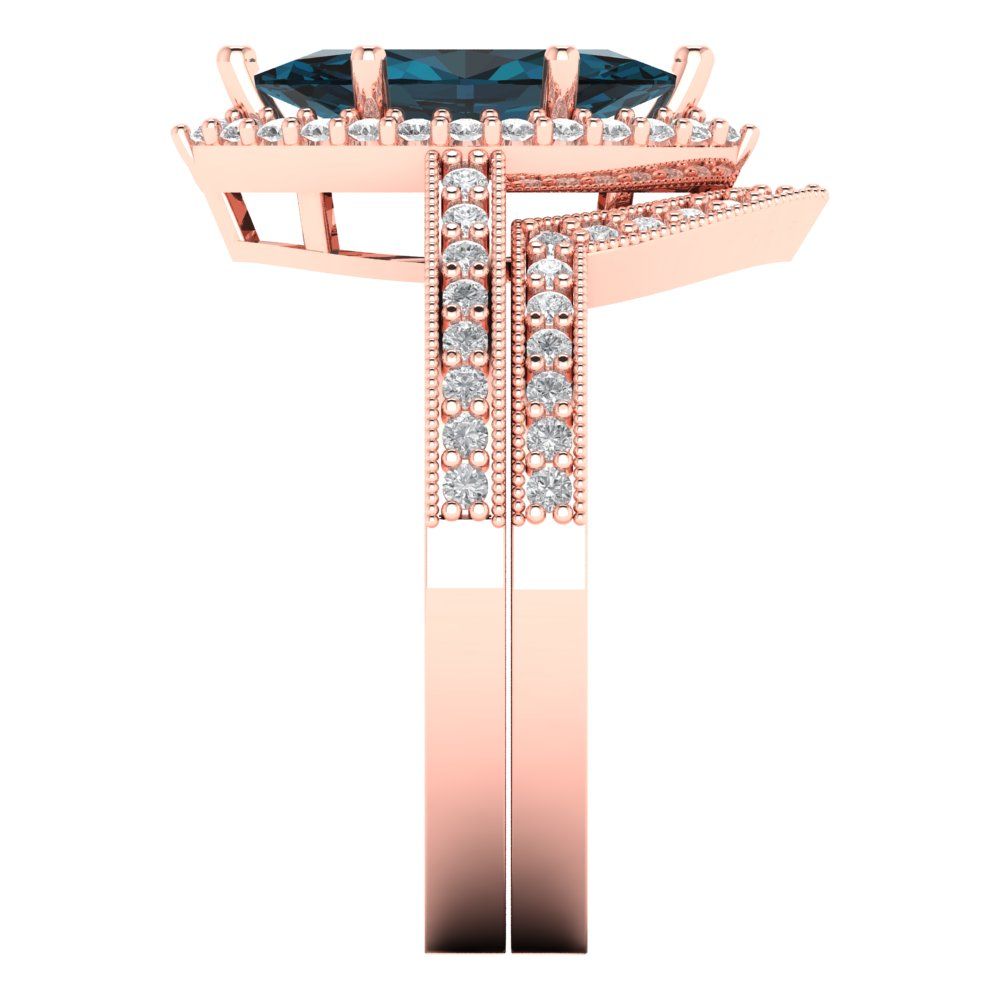 2.4875 cttw Marquise Cut Natural London Blue Topaz Bridal Set - Solid Rose Gold Engagement Ring & Wedding Band