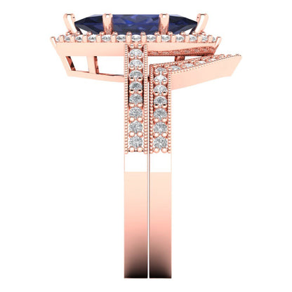 2.4875 cttw Marquise Cut Simulated Blue Sapphire Bridal Set - Solid Rose Gold Engagement Ring & Wedding Band