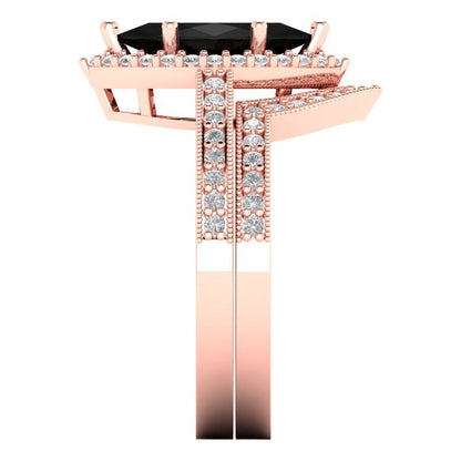 2.4875 cttw Marquise Cut Natural Onyx Bridal Set - Solid Rose Gold Engagement Ring & Wedding Band