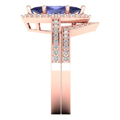 2.4875 cttw Marquise Cut Simulated Tanzanite Bridal Set - Solid Rose Gold Engagement Ring & Wedding Band