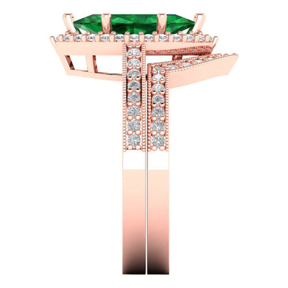 2.4875 cttw Marquise Cut Simulated Emerald Bridal Set - Solid Rose Gold Engagement Ring & Wedding Band