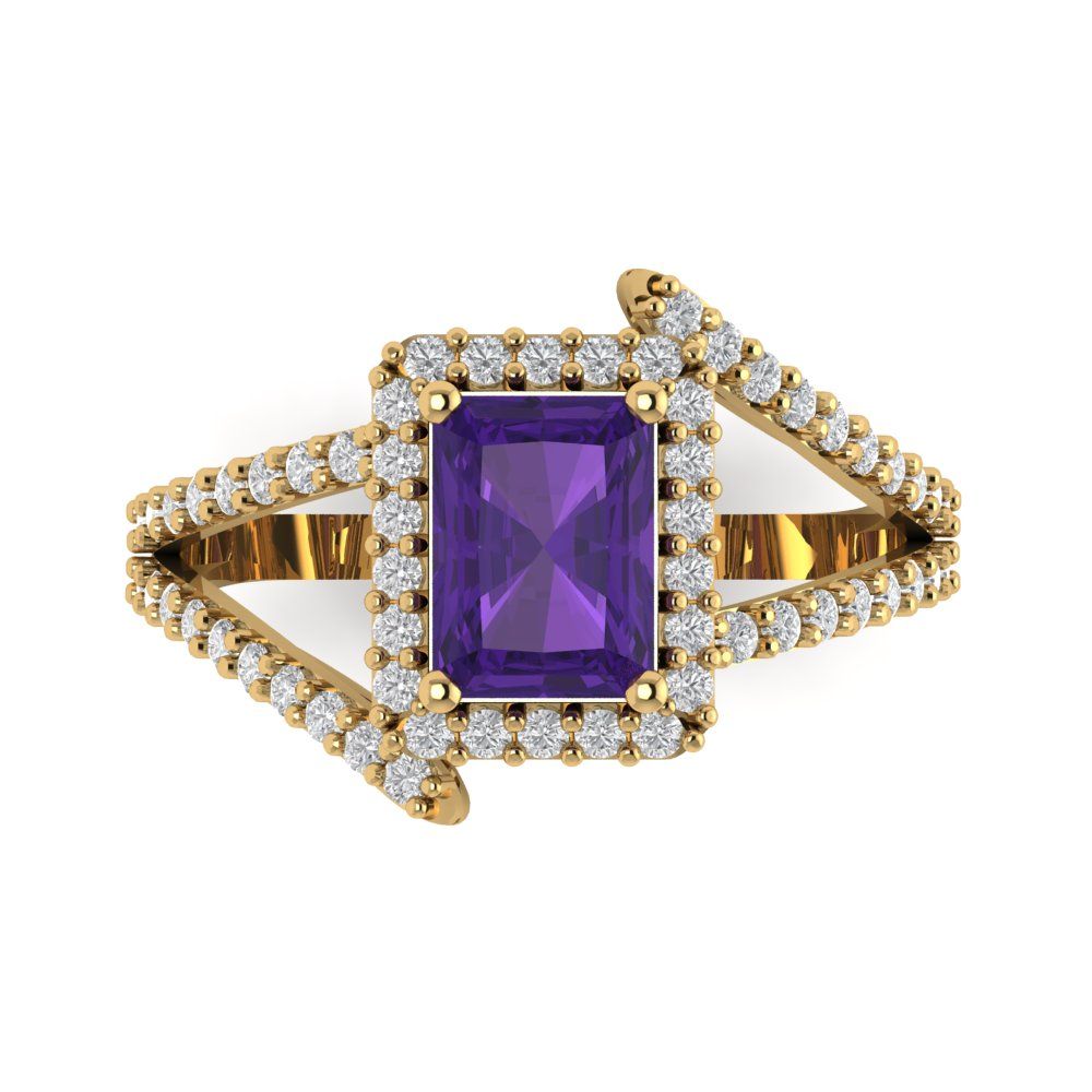 1.935 cttw Natural Amethyst Solitaire with Zirconia Simulated Diamond Accents Engagement Ring - Solid Gold (Emerald Cut,7.5x5.5mm)