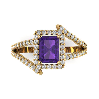 1.935 cttw Natural Amethyst Solitaire with Zirconia Simulated Diamond Accents Engagement Ring - Solid Gold (Emerald Cut,7.5x5.5mm)