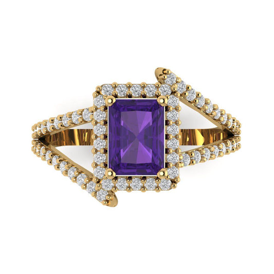 1.935 cttw Natural Amethyst Solitaire with Zirconia Simulated Diamond Accents Engagement Ring - Solid Yellow Gold (VVS1, Emerald Cut,7.5x5.5mm)