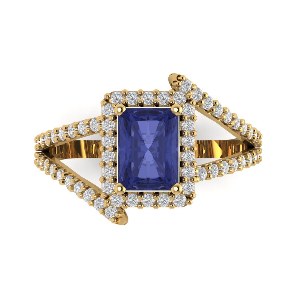1.935 cttw Simulated Tanzanite Solitaire with Zirconia Simulated Diamond Accents Engagement Ring - Solid Gold (Emerald Cut,7.5x5.5mm)