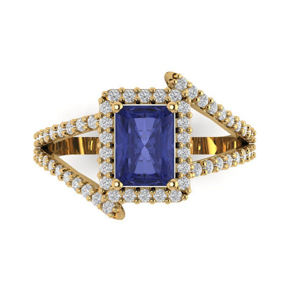 1.935 cttw Simulated Tanzanite Solitaire with Zirconia Simulated Diamond Accents Engagement Ring - Solid Gold (Emerald Cut,7.5x5.5mm)