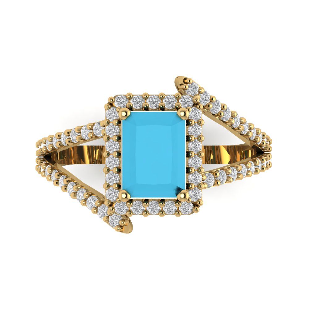 1.935 cttw Simulated Turquoise Solitaire with Zirconia Simulated Diamond Accents Engagement Ring - Solid Gold (Emerald Cut,7.5x5.5mm)