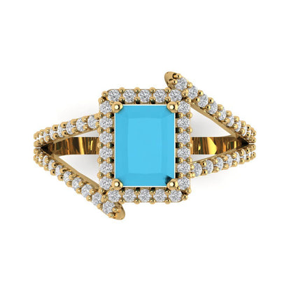 1.935 cttw Simulated Turquoise Solitaire with Zirconia Simulated Diamond Accents Engagement Ring - Solid Gold (Emerald Cut,7.5x5.5mm)