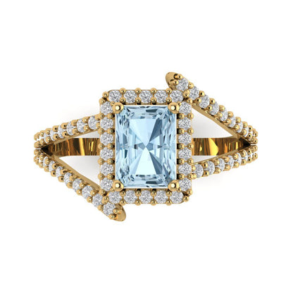 1.935 cttw Natural Swiss Blue Topaz Solitaire with Zirconia Simulated Diamond Accents Engagement Ring - Solid Gold (Emerald Cut,7.5x5.5mm)
