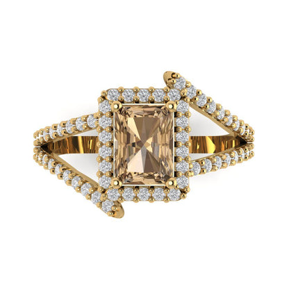 1.935 cttw Zirconia Simulated Champagne Diamond Solitaire with Zirconia Simulated Diamond Accents Engagement Ring - Solid Gold (VVS1, Emerald Cut,7.5x5.5mm)