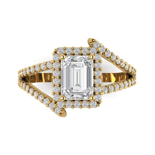1.935 cttw Moissanite Solitaire with Zirconia Simulated Diamond Accents Engagement Ring - Solid Yellow Gold (VVS1, Emerald Cut,7.5x5.5mm)