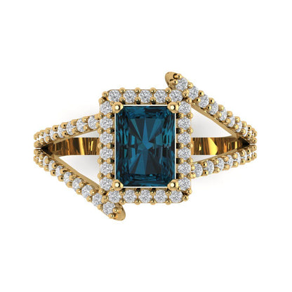 1.935 cttw Natural London Blue Topaz Solitaire with Zirconia Simulated Diamond Accents Engagement Ring - Solid Gold (Emerald Cut,7.5x5.5mm)