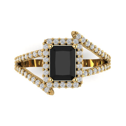 1.935 cttw Natural Onyx Solitaire with Zirconia Simulated Diamond Accents Engagement Ring - Solid Gold (Emerald Cut,7.5x5.5mm)