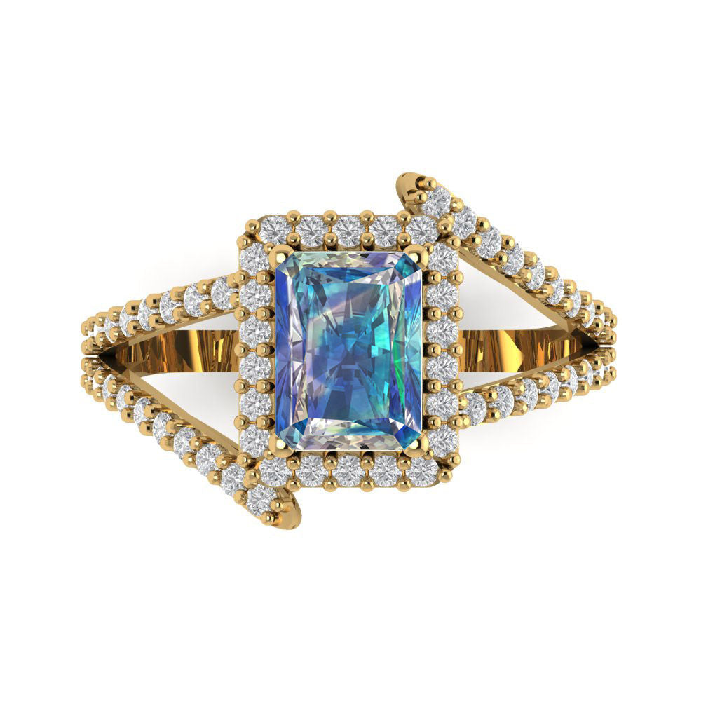 1.935 cttw Blue Moissanite Solitaire with Zirconia Simulated Diamond Accents Engagement Ring - Solid Gold (Emerald Cut,7.5x5.5mm)