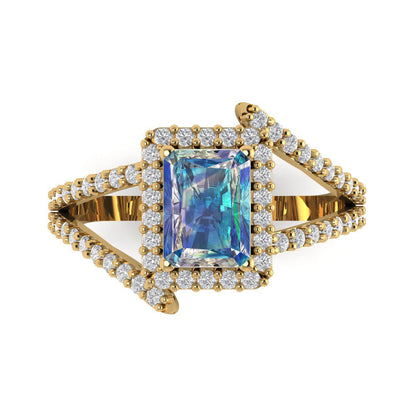 1.935 cttw Blue Moissanite Solitaire with Zirconia Simulated Diamond Accents Engagement Ring - Solid Gold (Emerald Cut,7.5x5.5mm)