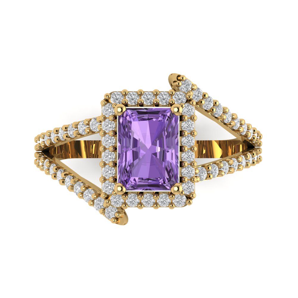 1.935 cttw Simulated Alexandrite Solitaire with Zirconia Simulated Diamond Accents Engagement Ring - Solid Gold (Emerald Cut,7.5x5.5mm)