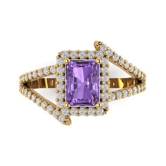 1.935 cttw Simulated Alexandrite Solitaire with Zirconia Simulated Diamond Accents Engagement Ring - Solid Yellow Gold (VVS1, Emerald Cut,7.5x5.5mm)