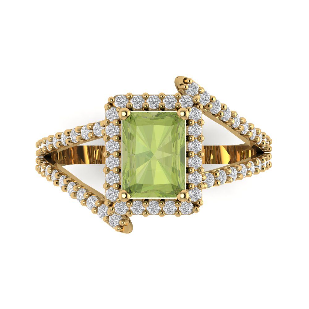 1.935 cttw Natural Peridot Solitaire with Zirconia Simulated Diamond Accents Engagement Ring - Solid Gold (Emerald Cut,7.5x5.5mm)