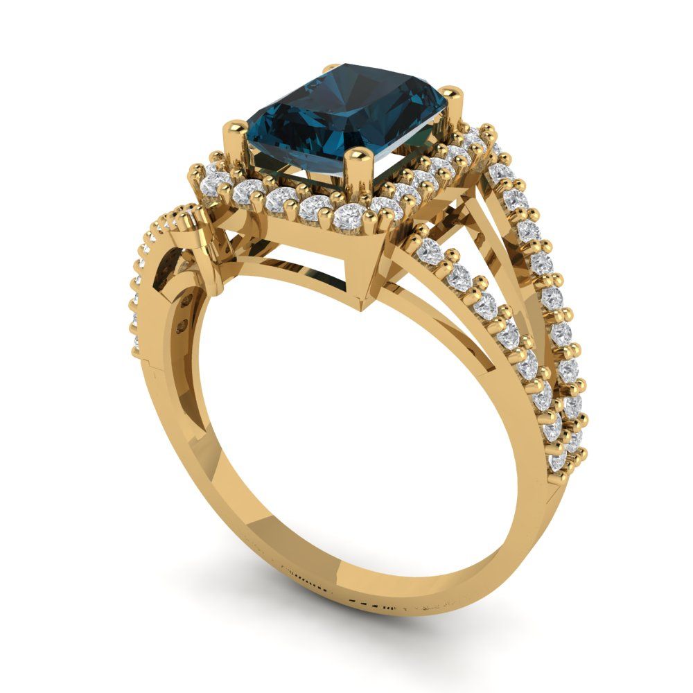 1.935 cttw Natural London Blue Topaz Solitaire with Zirconia Simulated Diamond Accents Engagement Ring - Solid Gold (Emerald Cut,7.5x5.5mm)