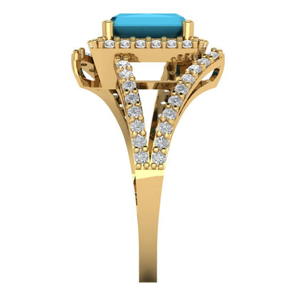 1.935 cttw Simulated Turquoise Solitaire with Zirconia Simulated Diamond Accents Engagement Ring - Solid Gold (Emerald Cut,7.5x5.5mm)