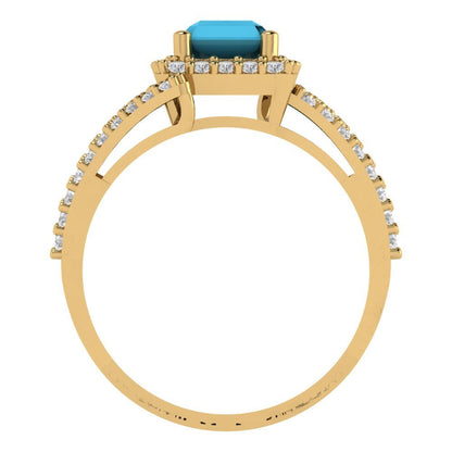 1.935 cttw Simulated Turquoise Solitaire with Zirconia Simulated Diamond Accents Engagement Ring - Solid Gold (Emerald Cut,7.5x5.5mm)