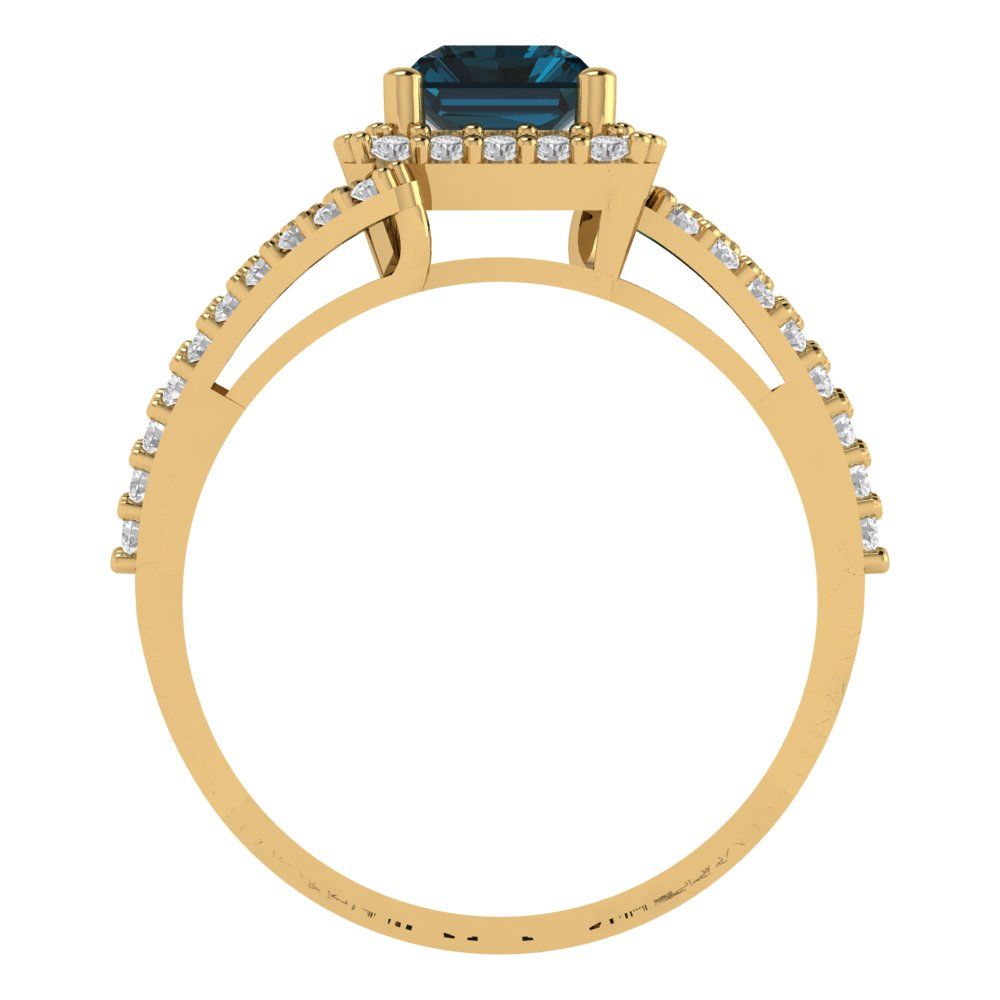 1.935 cttw Natural London Blue Topaz Solitaire with Zirconia Simulated Diamond Accents Engagement Ring - Solid Gold (Emerald Cut,7.5x5.5mm)