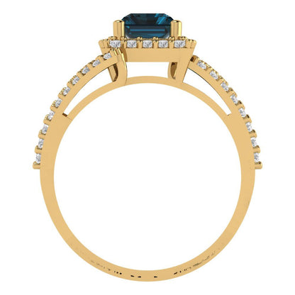 1.935 cttw Natural London Blue Topaz Solitaire with Zirconia Simulated Diamond Accents Engagement Ring - Solid Gold (Emerald Cut,7.5x5.5mm)