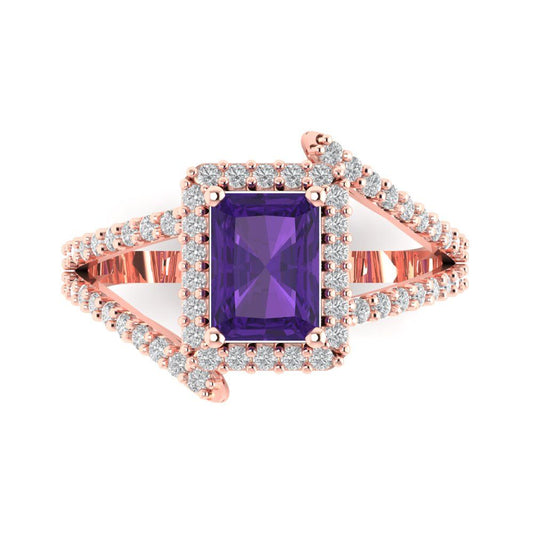 1.935 cttw Natural Amethyst Solitaire with Zirconia Simulated Diamond Accents Engagement Ring - Solid Rose Gold (VVS1, Emerald Cut,7.5x5.5mm)