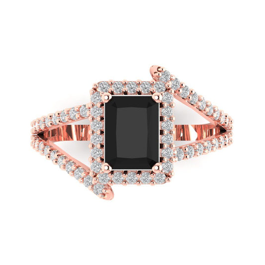 1.935 cttw Natural Onyx Solitaire with Zirconia Simulated Diamond Accents Engagement Ring - Solid Rose Gold (VVS1, Emerald Cut,7.5x5.5mm)