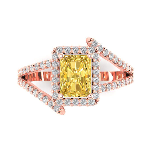1.935 cttw Zirconia Simulated Yellow Diamond Solitaire with Zirconia Simulated Diamond Accents Engagement Ring - Solid Rose Gold (VVS1, Emerald Cut,7.5x5.5mm)