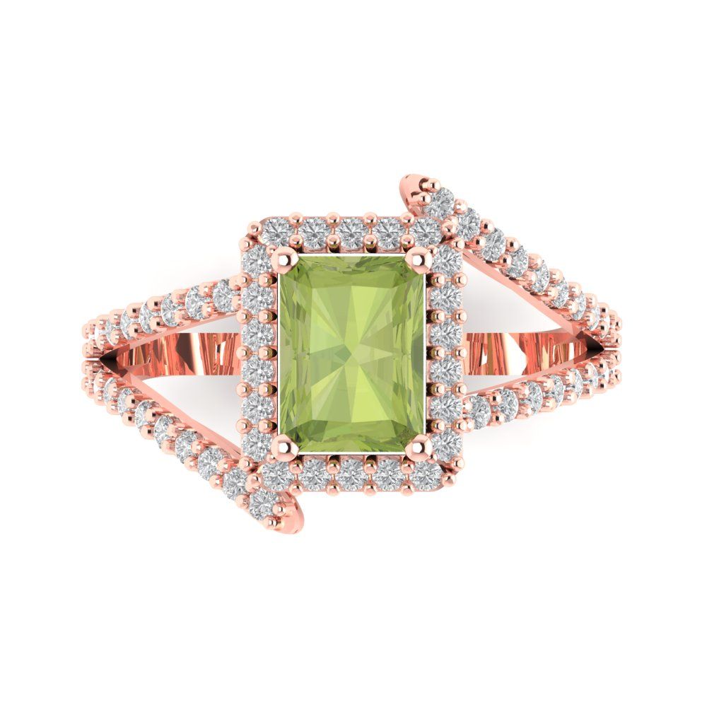 1.935 cttw Natural Peridot Solitaire with Zirconia Simulated Diamond Accents Engagement Ring - Solid Gold (Emerald Cut,7.5x5.5mm)