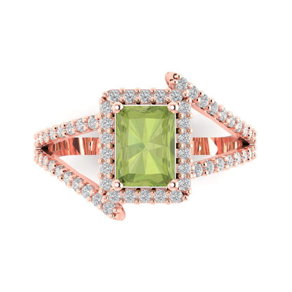 1.935 cttw Natural Peridot Solitaire with Zirconia Simulated Diamond Accents Engagement Ring - Solid Gold (Emerald Cut,7.5x5.5mm)
