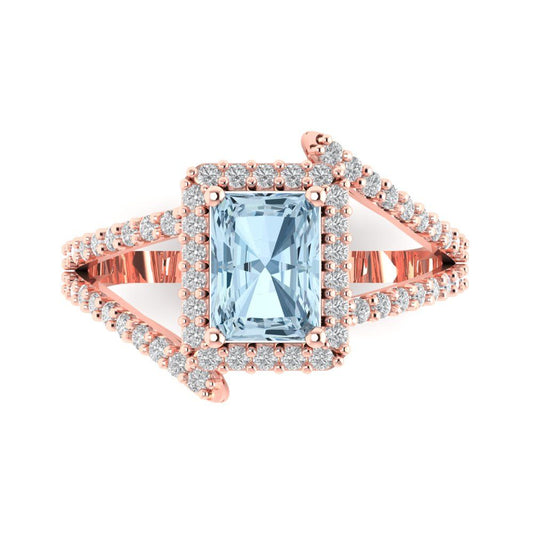 1.935 cttw Natural Aquamarine Solitaire with Zirconia Simulated Diamond Accents Engagement Ring - Solid Rose Gold (VVS1, Emerald Cut,7.5x5.5mm)