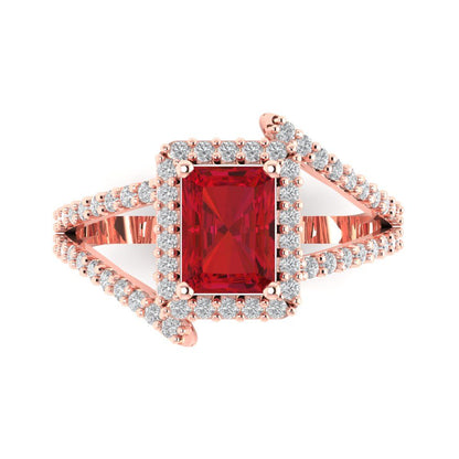 1.935 cttw Simulated Pink Tourmaline Solitaire with Zirconia Simulated Diamond Accents Engagement Ring - Solid Gold (Emerald Cut,7.5x5.5mm)