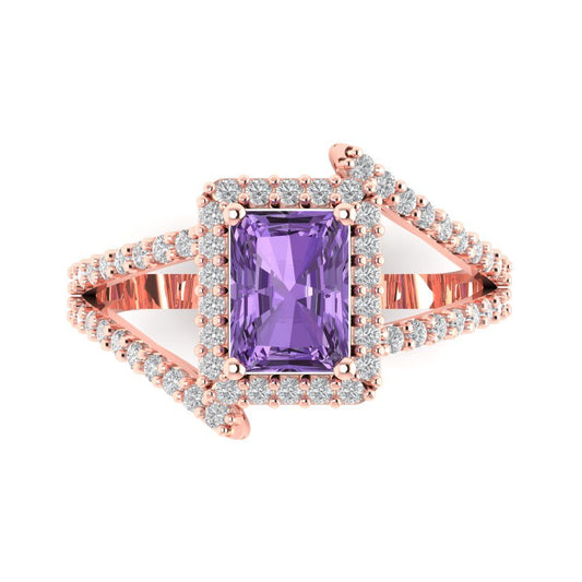1.935 cttw Simulated Alexandrite Solitaire with Zirconia Simulated Diamond Accents Engagement Ring - Solid Rose Gold (VVS1, Emerald Cut,7.5x5.5mm)