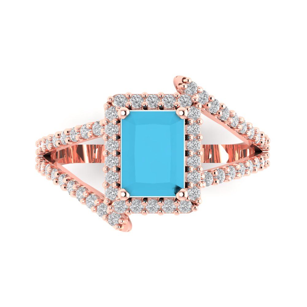 1.935 cttw Simulated Turquoise Solitaire with Zirconia Simulated Diamond Accents Engagement Ring - Solid Gold (Emerald Cut,7.5x5.5mm)