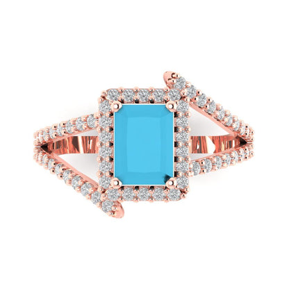 1.935 cttw Simulated Turquoise Solitaire with Zirconia Simulated Diamond Accents Engagement Ring - Solid Gold (Emerald Cut,7.5x5.5mm)