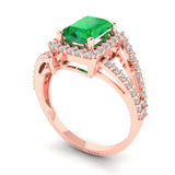 2.1 ct Brilliant Emerald Cut Simulated Emerald Stone Rose Gold Halo Solitaire with Accents Ring