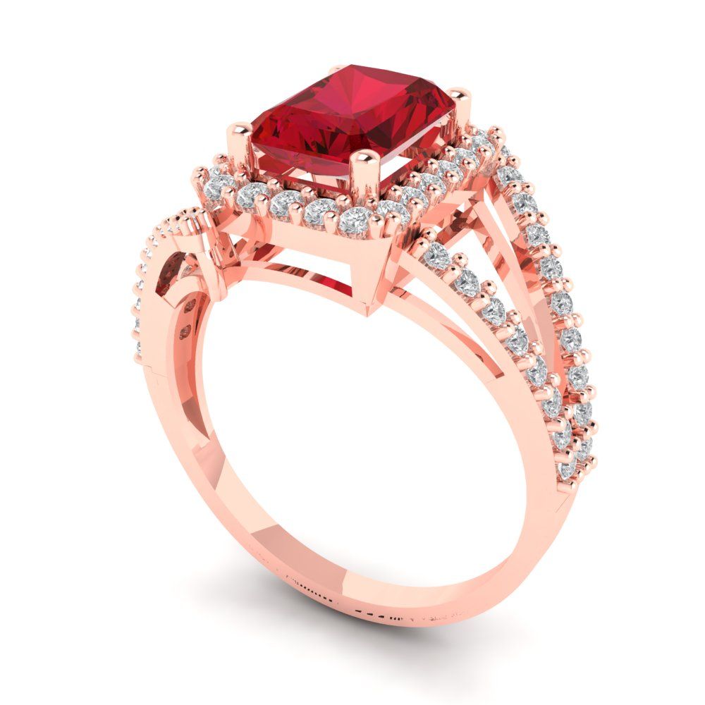 1.935 cttw Simulated Ruby Solitaire with Zirconia Simulated Diamond Accents Engagement Ring - Solid Gold (Emerald Cut,7.5x5.5mm)