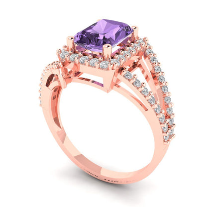 1.935 cttw Simulated Alexandrite Solitaire with Zirconia Simulated Diamond Accents Engagement Ring - Solid Gold (Emerald Cut,7.5x5.5mm)