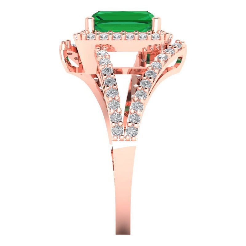 2.1 ct Brilliant Emerald Cut Simulated Emerald Stone Rose Gold Halo Solitaire with Accents Ring