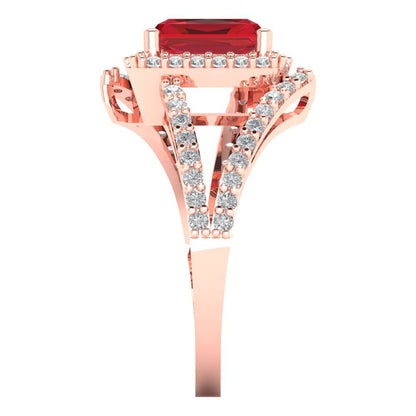 1.935 cttw Simulated Ruby Solitaire with Zirconia Simulated Diamond Accents Engagement Ring - Solid Gold (Emerald Cut,7.5x5.5mm)